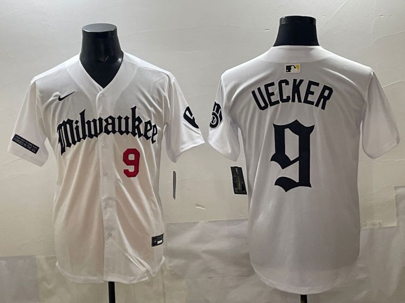 Men 2025 Milwaukee Brewers #9 Uecker White Five generations Joint Name Nike MLB Jersey style 04